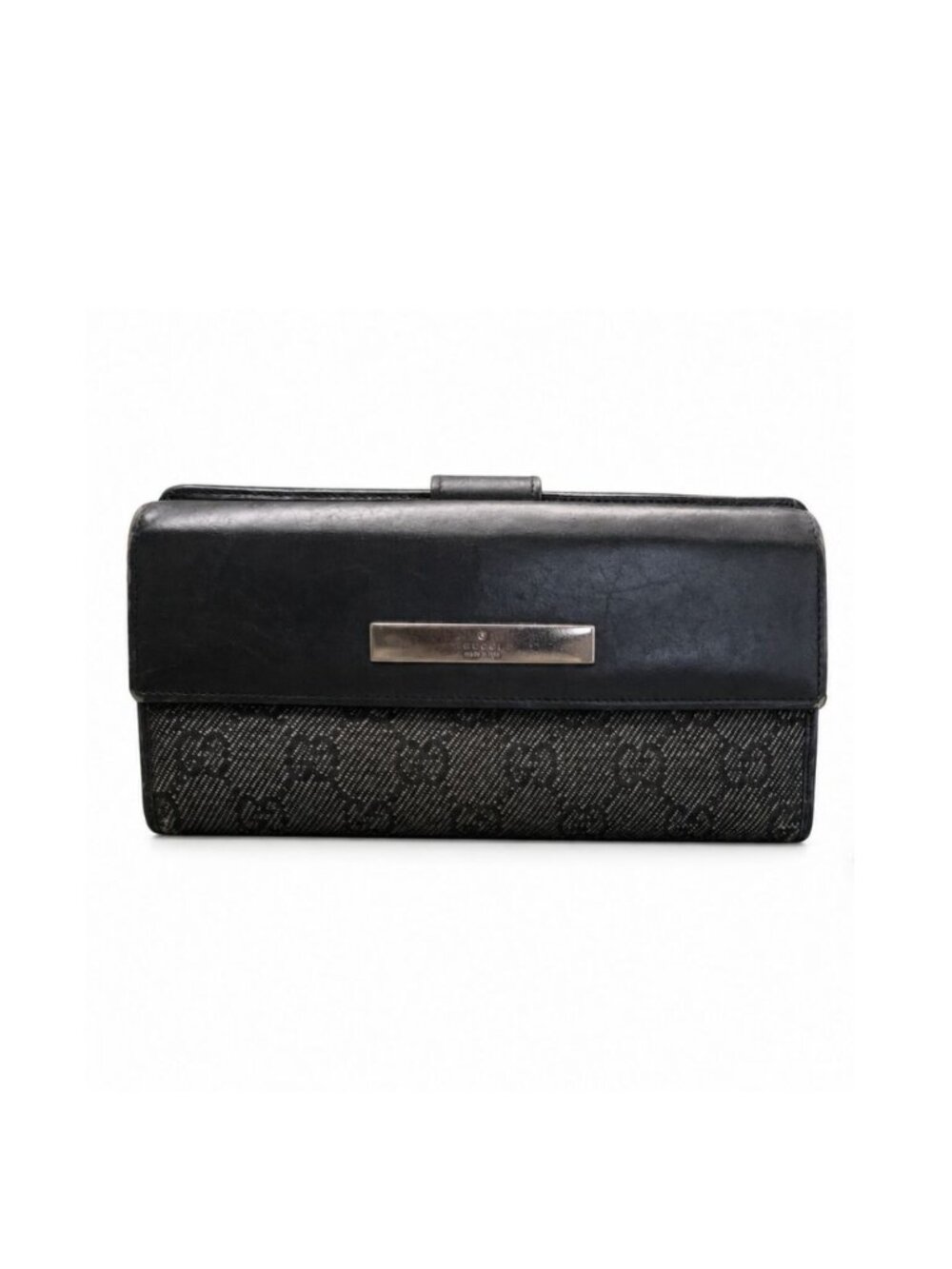 Gucci GG Canvas Leather Long Wallet Black Bifold Snap Flap Women's